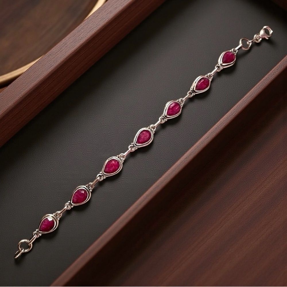 Sterling Silver Teardrop Ruby Chain Bracelet